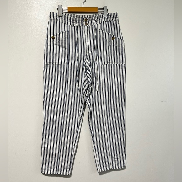 American Eagle Outfitters Blue White Striped High-Rise Pants Women’s 12 Cotton - Picture 2 of 12